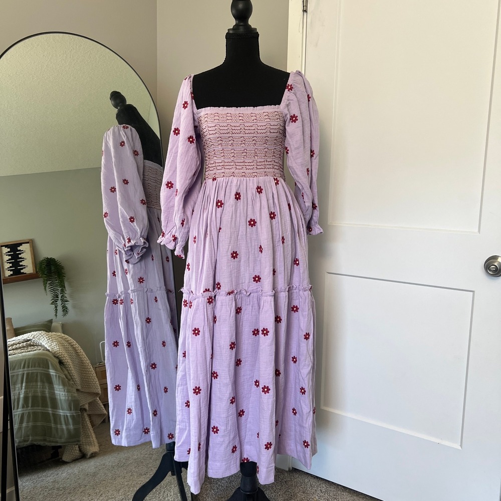 Cottagecore Boho Midi Dress Small Purple Floral Smocked Cotton Shy Velvet‎